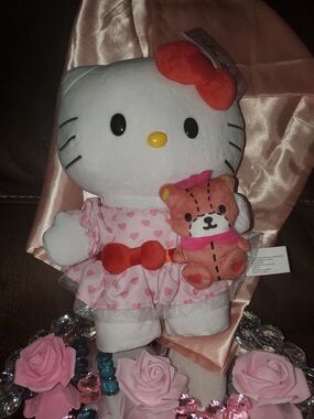 Hello Kitty 12" Tall Plush Toy with Pink Heart Dress and Red Bow with Teddy Bear